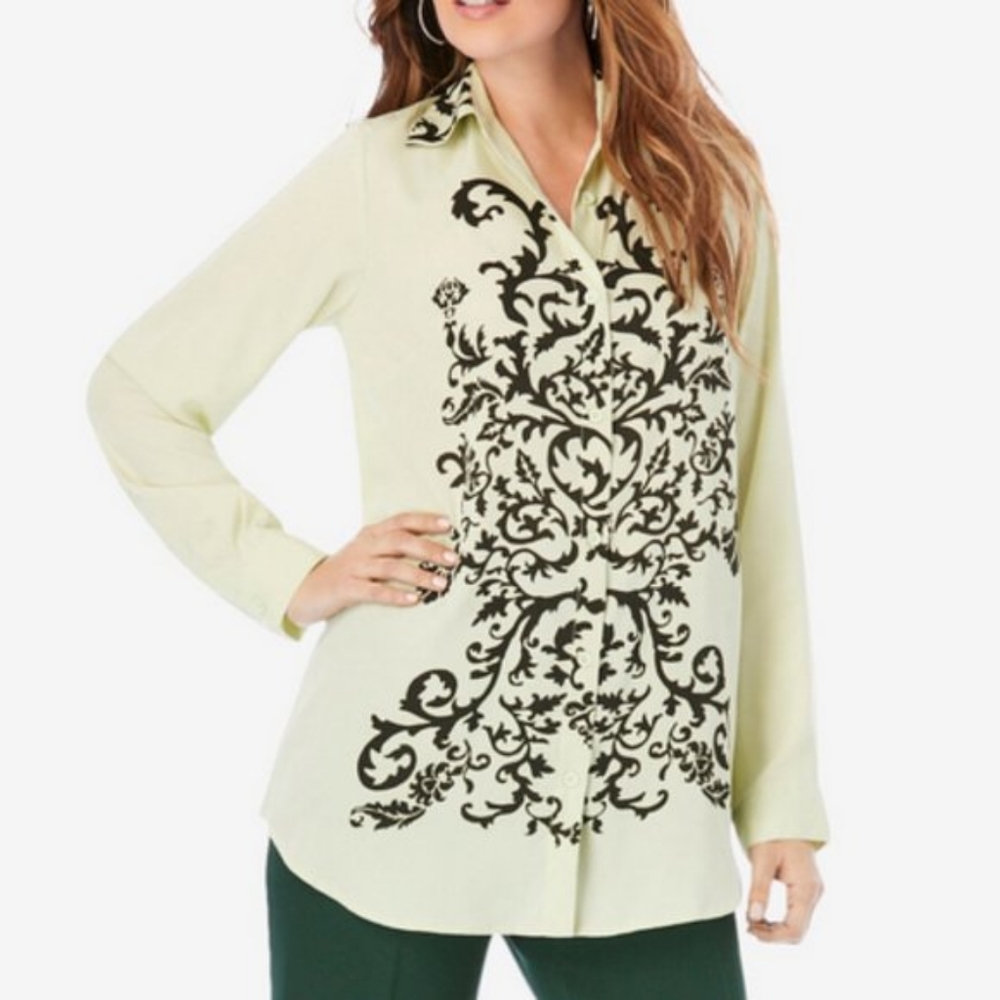 Romans Mint Green Long Sleeve Scroll Pattern Button Down Shirt 22W